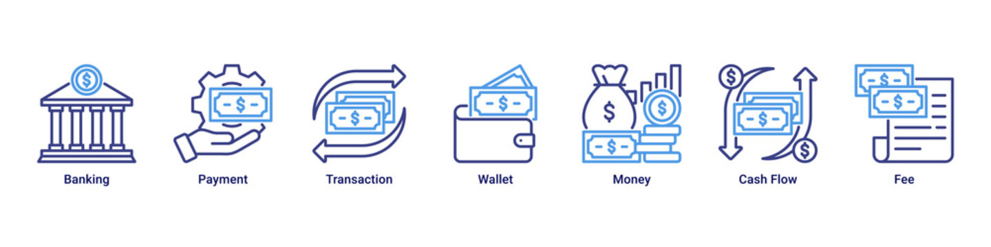 Banking System banner with banking,payment,transaction,wallet,money,cash flow and fee icons for fintech and digital finance concept