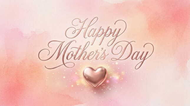 Elegant Happy Mother's Day card with golden cursive text and metallic heart on soft pink watercolor background