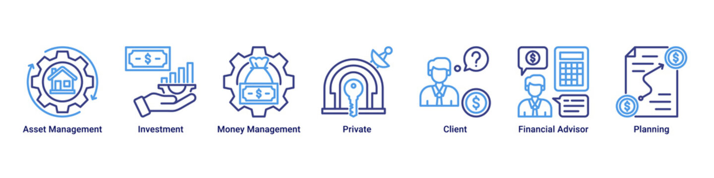 Wealth Management banner with asset management,investment,money management,private,client,financial advisor and planning icons for finance concept