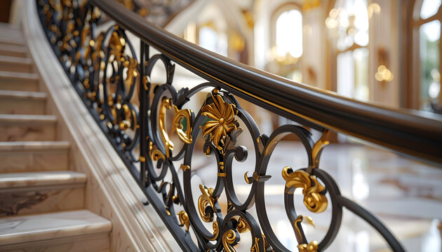Wrought iron staircase railing with intricate hand forged details and gold leaf accents against a soft focus marble grand hall background generative AI