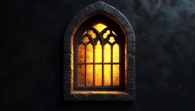 Yellow Light in Gothic Arch Window on Dark Wall Mysterious Architectural Detail
