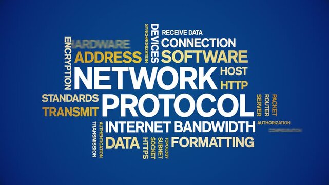 Network Protocol animated word cloud-text design animation tag kinetic typography seamless loop.