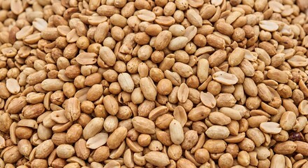 Fototapeta premium A large pile of shelled, roasted peanuts displayed against a uniform background. 