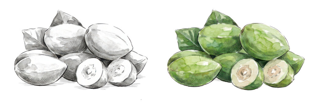 Raw green walnuts with leaves in grayscale and color watercolor illustrations.