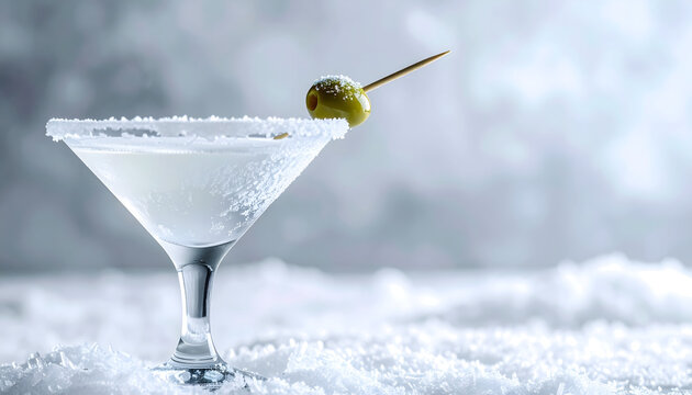 Martini glass from the freezer covered in thick white frost with a green olive on a toothpick inside cold aesthetic generative AI