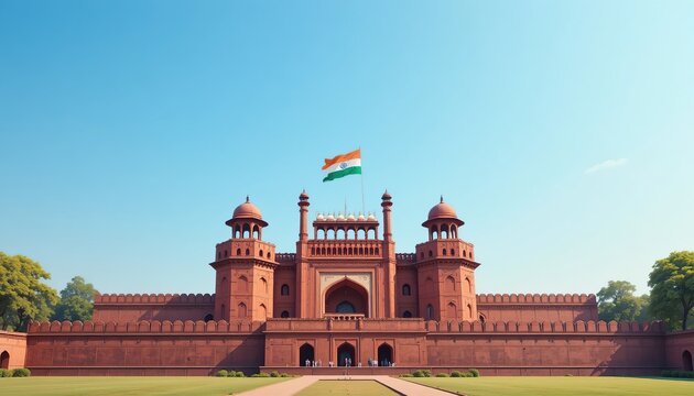 Red Fort in Delhi framed by arched gateway with Indian flag waving celebrating Independence Day showcasing historic sandstone architecture UNESCO heritage site under blue sky