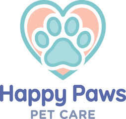 Naklejka premium Happy Paws Pet Care logo with heart and paw print design.