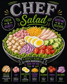  Ensalada chef con jam&oacute;n, pollo, huevo y verduras con ingredientes explicados.
