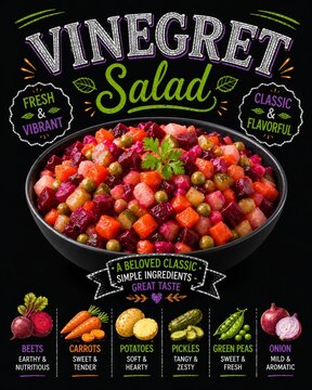  Ensalada vinegret con remolacha, patata y verduras con composici&oacute;n detallada.
