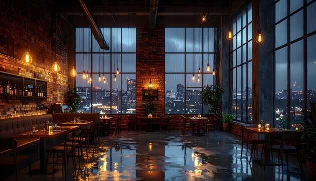 Modern restaurant with high ceilings exposed brick walls and hanging edison bulbs overlooking a rainy city at night through windows generative AI