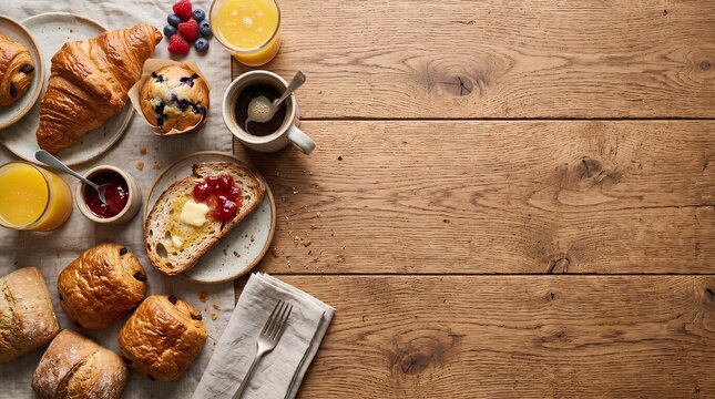 A rustic wooden table is set with an array of breakfast items.