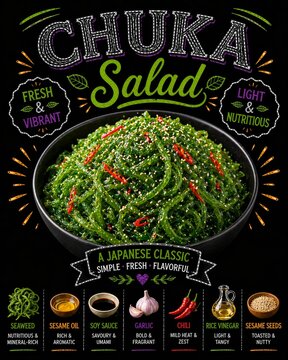 Ensalada chuka de algas con s&eacute;samo y aderezo con ingredientes explicados.
