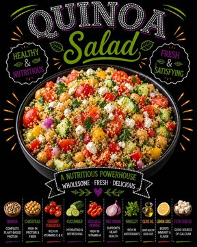 Ensalada de quinoa con verduras frescas y coloridas, rica en nutrientes y presentada con ingredientes detallados.
