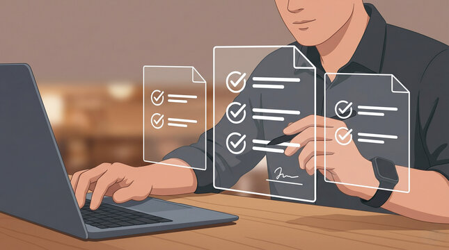  Businessman pointing at floating digital checklist documents while working on laptop, flat illustration style, document management concept