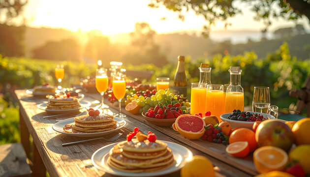 Brunch food on a long outdoor table with pancakes fruits and mimosas in warm golden sun with long soft shadows generative AI