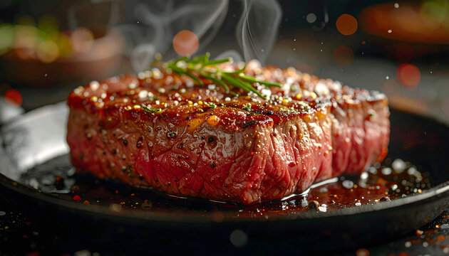 Roasted steak with rosemary in a cast iron pan featuring sizzling meat texture and aromatic herbs in a professional kitchen generative AI