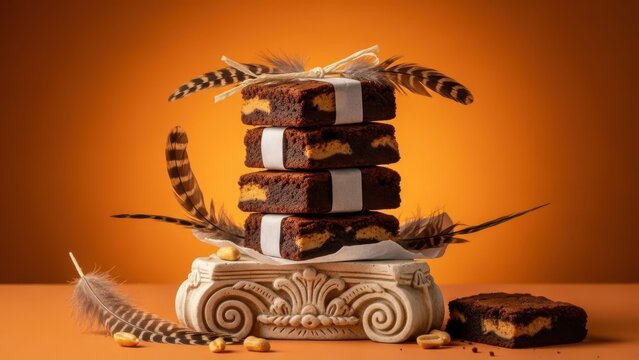 Stack of peanut butter brownies on a decorative pedestal with feathers and nuts