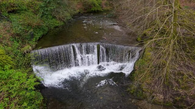 A left orbital drone shot circles a wide waterfall weir cascading into a woodland river at Ambleside, Cumbria, framed by lush green vegetation and bare branches.