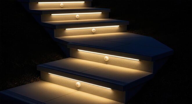 Modern LED motion sensor strip lights illuminating outdoor stairs at night for safety and ambiance