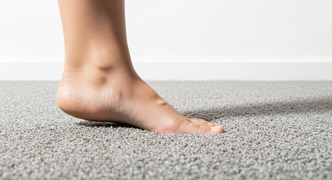Close-up of a Bare Foot Stepping on Textured Gray Carpet