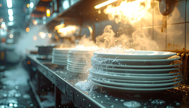 Dish pit view showing steam rising from a dishwasher with stacked porcelain plates glistening under fluorescent lights in urban realism style generative AI