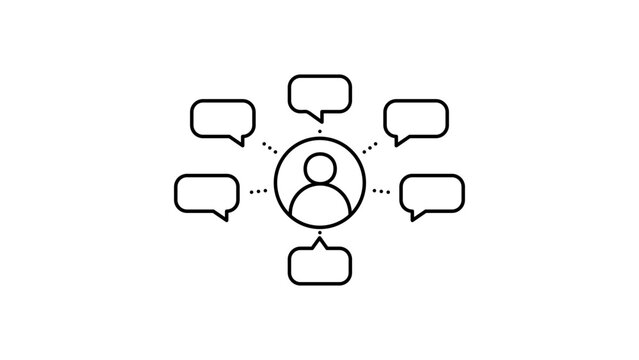 360 Degree Feedback and Communication Editable Stroke Vector Icon. Minimalist Black Line Illustration of a User Profile with Speech Bubbles for Reviews, Social Networking, and Customer Support.