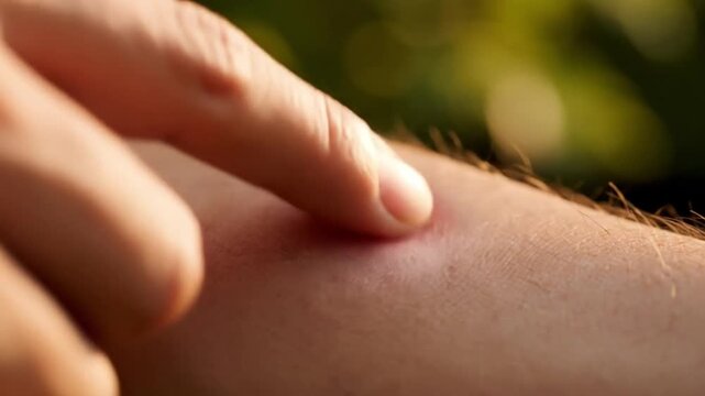 Close Up Forearm Red Pustule Under Finger, Sunlit Outdoor Background, Gentle Touch Causing Slight Swelling And Stinging, Visible Hair Around Lesion, Careful Home Inspection And First Aid Focus