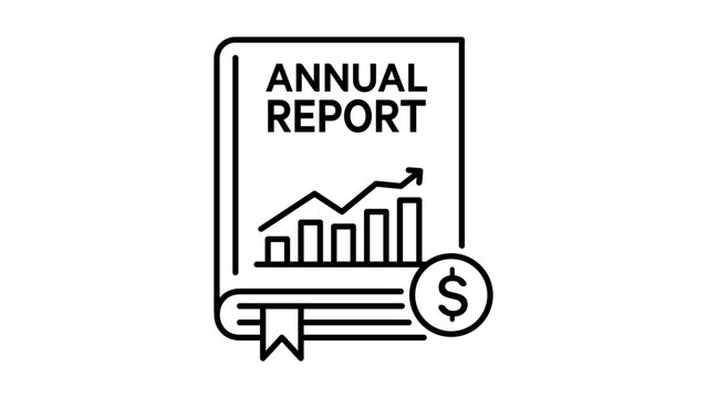 Annual Report Minimalist Black Line Vector Icon on White Background; Thick Financial Document with Bar Chart, Growth Arrow, and Dollar Sign; Editable Stroke Illustration for Business Data