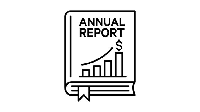 Annual Report Book Vector Icon with Editable Stroke. Minimalist black line illustration of a financial document with growth bar chart and dollar sign for business analysis and accounting.