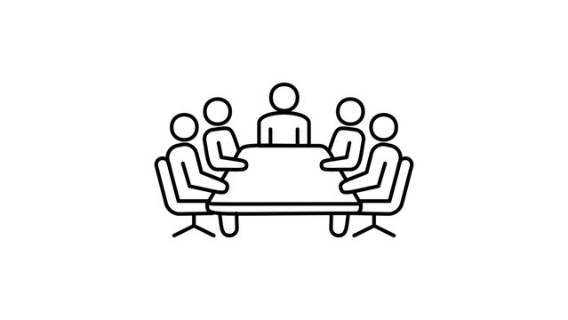 Business Meeting and Board of Directors Vector Icon with Editable Stroke. Minimalist Black Line Illustration of a Professional Team Sitting Around a Conference Table for Corporate Collaboration.