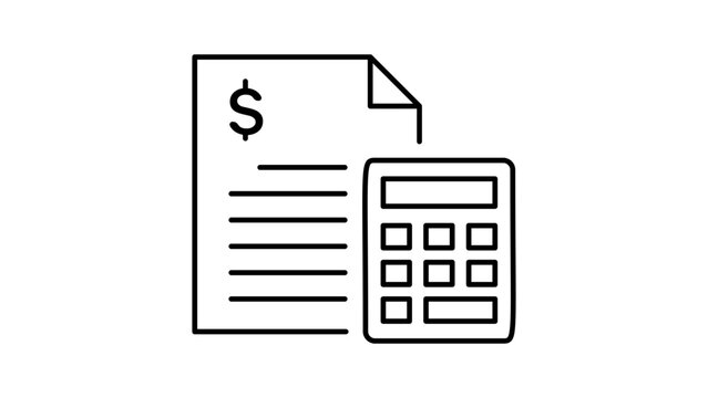 Financial budget planning and accounting minimalist black line vector icon with document, dollar sign, and calculator for business expense tracking and tax calculation with editable stroke.