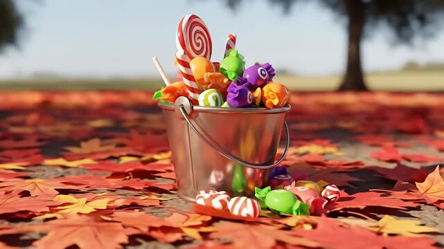 A shiny metal bucket overflowing with colorful candies on a bed of autumn leaves