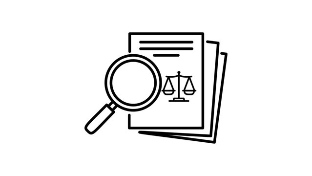 Due Diligence and Legal Compliance Audit Review Minimalist Black Line Vector Icon Illustration on White Background with Editable Stroke, Featuring Magnifying Glass, Documents, and Scales of Justice.