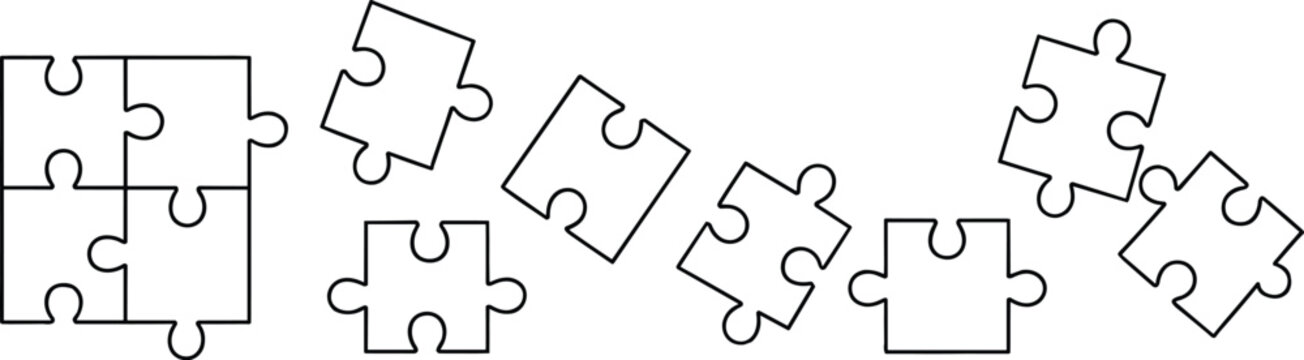 Jigsaw Puzzle Pieces Scattered On White Background