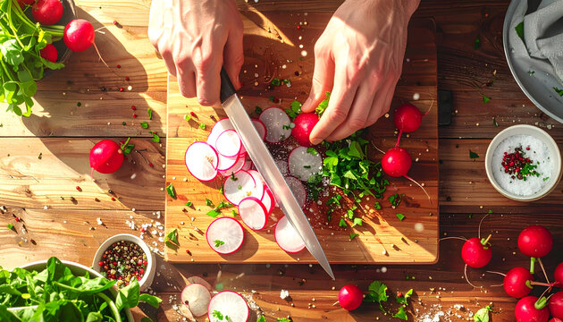 Top down view of a chef slicing red radishes with flying water droplets and vegetable shavings on a wooden prep station generative AI