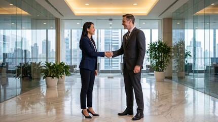 Fototapeta premium Diverse business professionals handshake in modern corporate lobby, successful partnership, multiracial colleagues greeting, luxury office interior, city skyline background