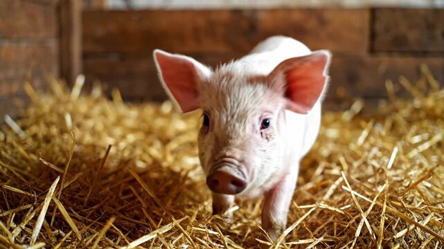 Young pink piglet stands on a bed of dry golden straw inside a rustic wooden barn. The small livestock animal has large ears and looks directly at the camera in a close-up portrait.