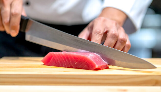 Sushi chef hands slicing fatty tuna with a sharp yanagiba knife on a clean hinoki wood counter in minimalist japanese style generative AI