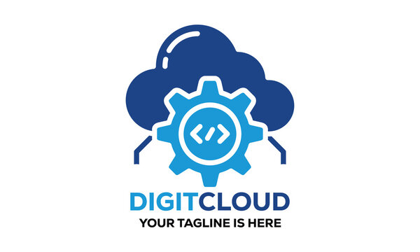 Modern DIGITCLOUD tech logo featuring a dark blue cloud, a light blue gear, and a coding symbol. This professional design represents cloud computing, DevOps, and software engineering.