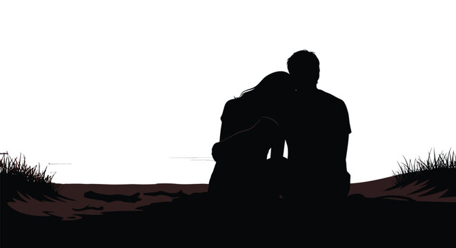 A beautifully rendered vector graphic illustration captures the intimate silhouette of a loving couple sitting closely together, woman's head resting on man's shoulder, gazing peacefully towards a dis