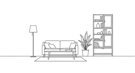 Fototapeta premium A minimalist line drawing depicts a living room with a sofa plant and bookshelf