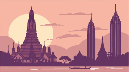 Naklejka premium Minimalist Bangkok cityscape vector featuring famous landmarks