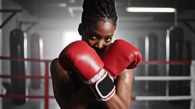 Black Woman Boxer Training In Ring, Throws Precise Jabs And Holds Tight Guard With Red Gloves, Braided Bun And Sweat, Moody Gym Lighting With Heavy Bags And Ropes, Intense Gaze And Disciplined Athlete