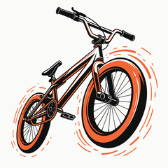 Naklejka premium Orange bmx bicycle with motion streaks bmx bike extreme sports dirt jump off road illustration aggressive freestyle recreation adventure outdoors performance excitement stylized