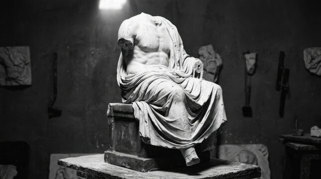 Ancient Sculpture in Dramatic Lighting - A Timeless Masterpiece.
