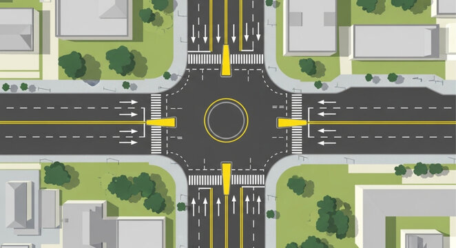 Aerial view of a modern roundabout intersection with traffic flow.