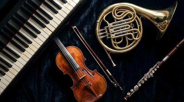 Collection of classical musical instruments including violin, French horn, flute, and piano on a black velvet background