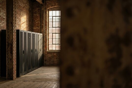 Server racks receiving sunlight in industrial brick warehouse