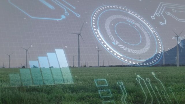 Data ping starting overlays rising above wind turbines, HUD rings growing and showing power
