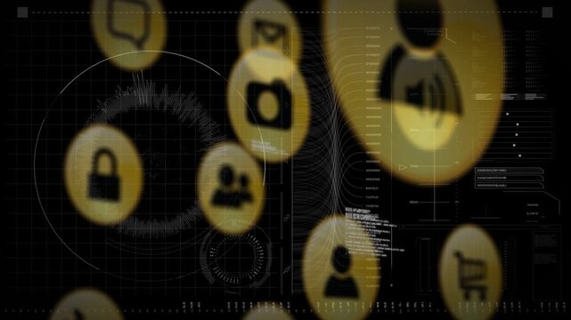 Fuzzy gold disks entering edges resolving into icons drifting inward orbiting hub showing security